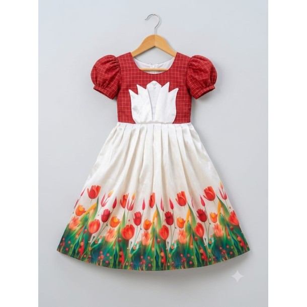 Crimson & Cream Floral Princess Dress